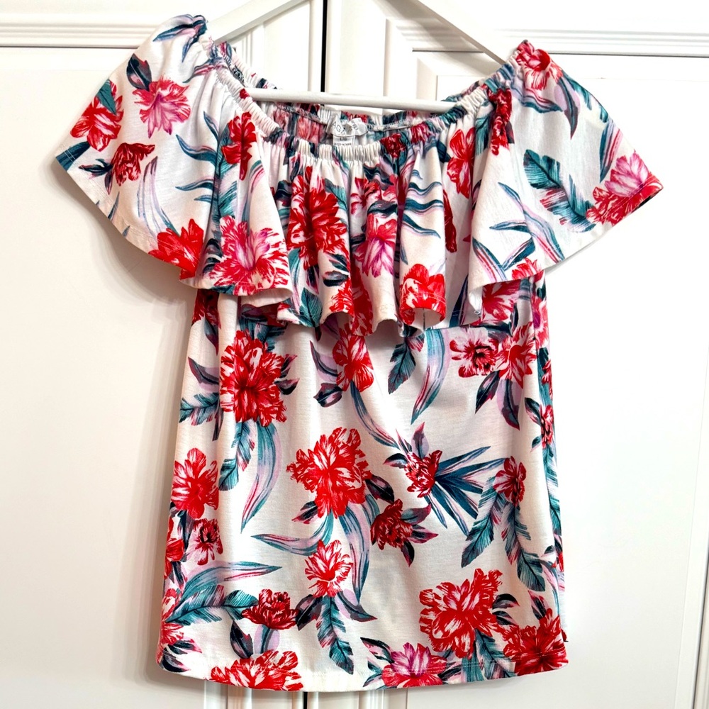 Magazine Size Large Elastic Ruffle Neckline Off ShoulderTop White Pink Red Print